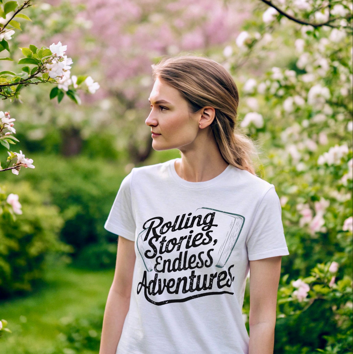 “Rolling Stories, Endless Adventure” Premium Womens Crewneck T-shirt